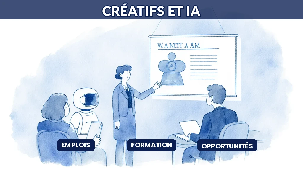 Illustration de professionnels créatifs se formant à l'intelligence artificielle et découvrant de nouvelles opportunités de métiers