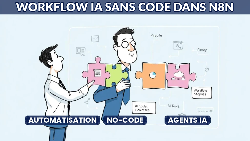 Illustration d'un workflow IA automatisé dans n8n, sans codage.