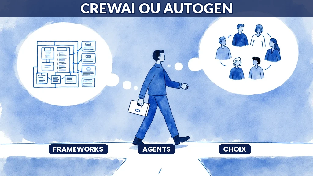 Illustration d'un développeur comparant deux frameworks de construction d'agents IA pour choisir le mieux adapté à son projet