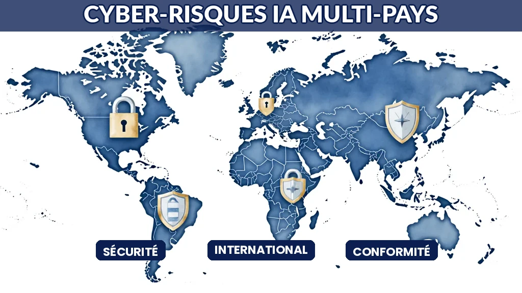 Illustration d'une entreprise internationale gérant les cyber-risques de ses systèmes d'IA répartis dans plusieurs pays