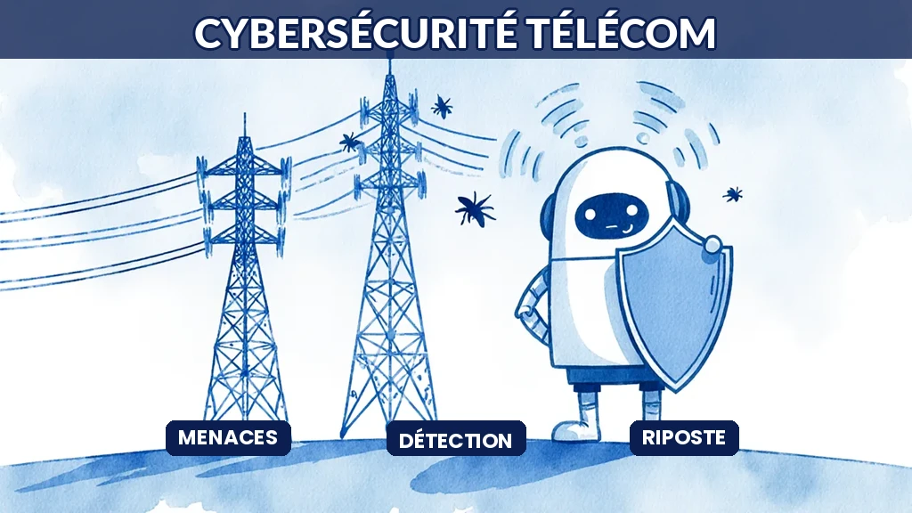 Illustration d'une intelligence artificielle protégeant un réseau de télécommunications contre des menaces et intrusions informatiques