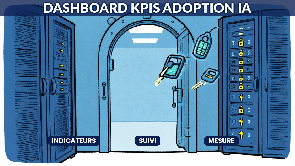 Dashboard analytique affichant des KPIs dadoption de lintelligence artificielle avec graphiques de progression et indicateurs de performance
