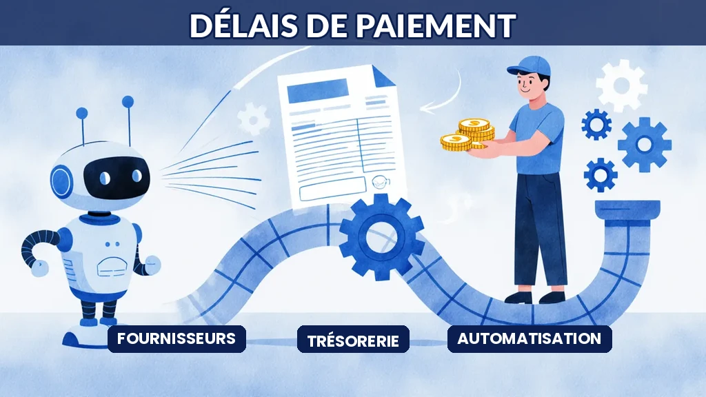 Illustration d'une intelligence artificielle accélérant le traitement et le paiement des factures fournisseurs dans une entreprise