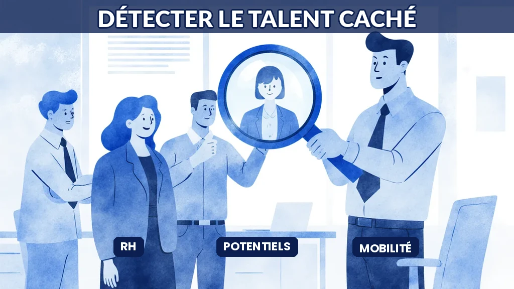Illustration d'une équipe RH révélant grâce à l'IA des talents cachés et des potentiels invisibles parmi les collaborateurs de l'entreprise