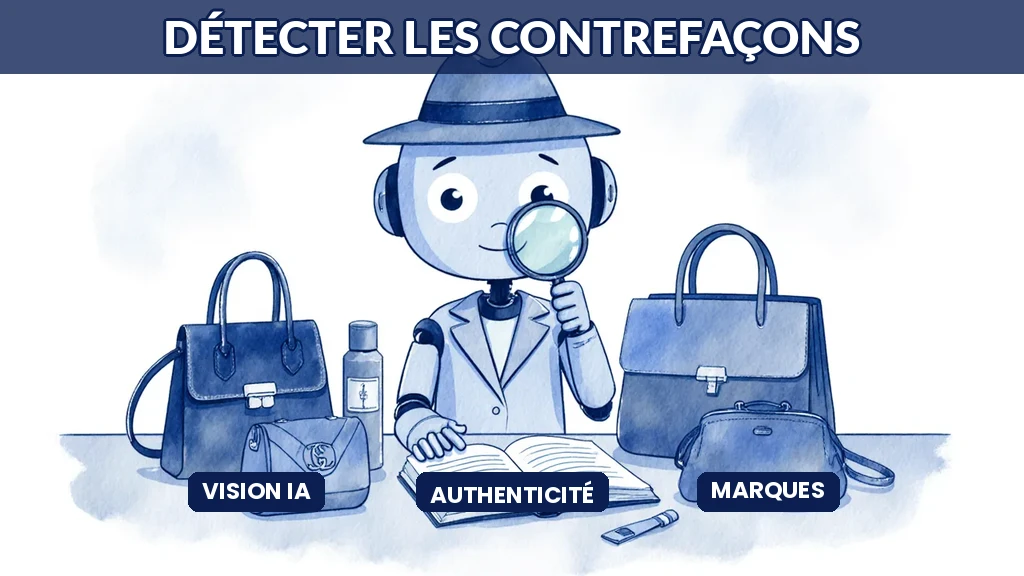 Illustration d'une intelligence artificielle examinant des produits à la loupe pour distinguer les authentiques des contrefaçons