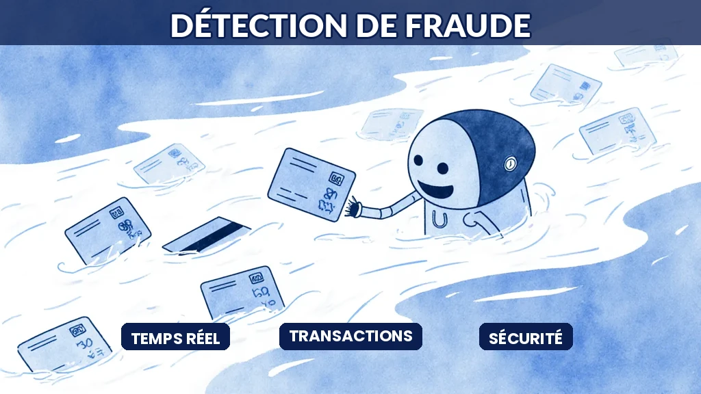 Illustration d'une intelligence artificielle analysant des flux de transactions financières pour repérer et bloquer les opérations frauduleuses en temps réel