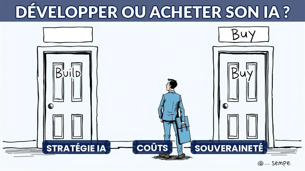 Illustration d'un dirigeant devant deux portes : une étiquettée 'Développer', l'autre 'Acheter'.
