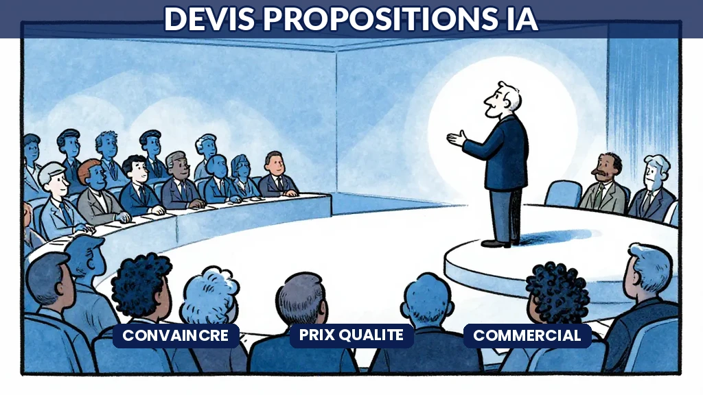 Consultant IA présentant une proposition commerciale structurée à un client avec des indicateurs de valeur ajoutée