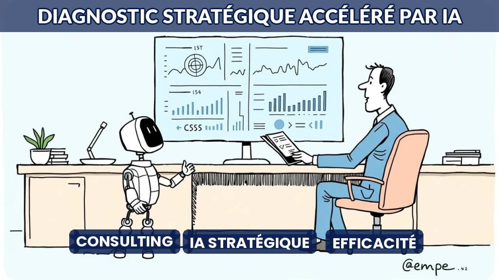 Consultant analysant des données sur un écran avec une IA en arrière-plan.