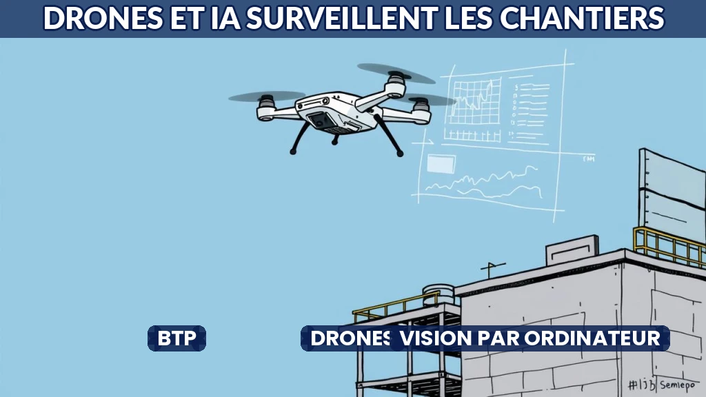 Drone survolant un chantier de construction avec analyse visuelle des données.