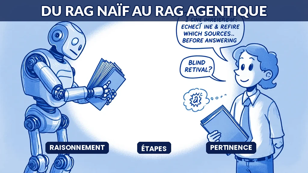 Illustration du passage d'une recherche augmentée naïve à une recherche agentique