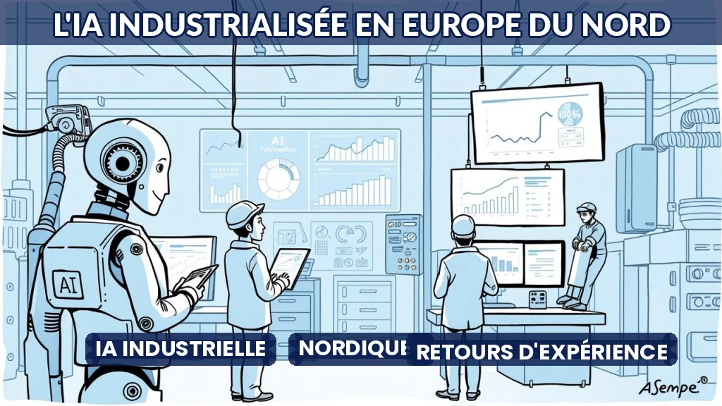 Illustration d'une usine nordique modernisée par l'intelligence artificielle.