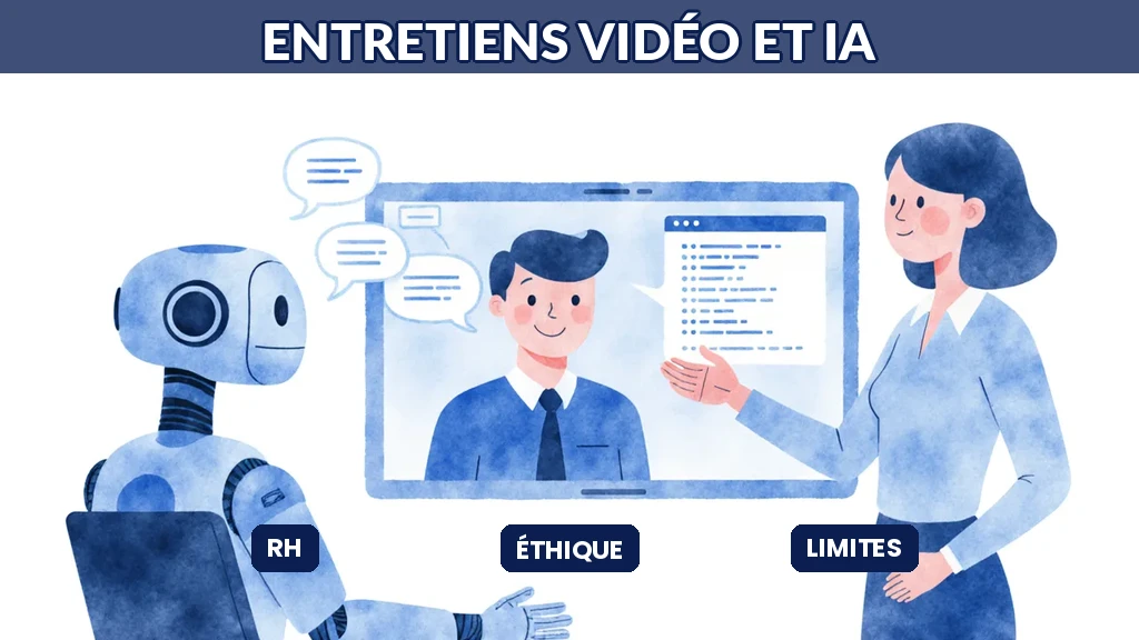 Illustration d'un entretien d'embauche en vidéo analysé par une intelligence artificielle, sous le regard vigilant d'un responsable RH