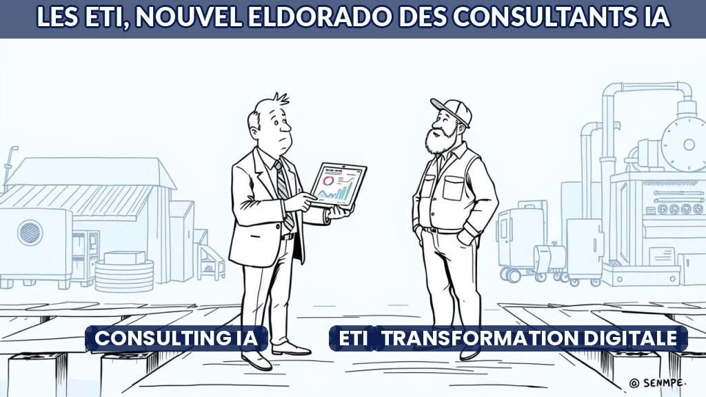 Consultant et dirigeant d'ETI discutant d'un projet IA devant un écran de données.