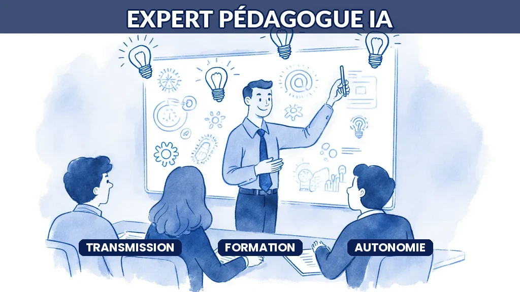 Illustration d'un consultant en IA transmettant son savoir à une équipe attentive avec des schémas clairs et accessibles
