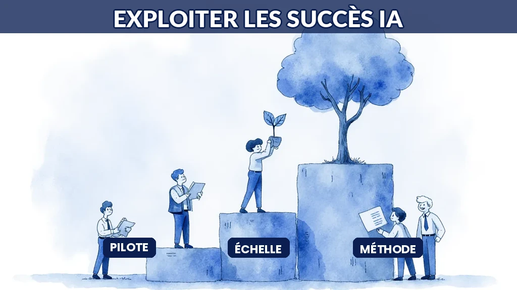 Illustration d'une entreprise capitalisant sur ses premiers succès en intelligence artificielle pour passer à l'échelle de manière maîtrisée
