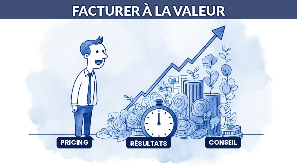 Illustration d'un consultant en IA facturant ses missions à la valeur créée pour le client plutôt qu'au temps passé