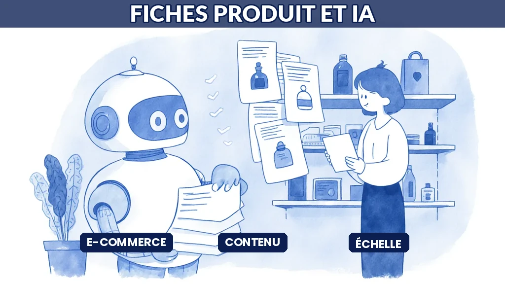 Illustration d'un e-commerçant générant des fiches produit de qualité à grande échelle grâce à l'IA générative