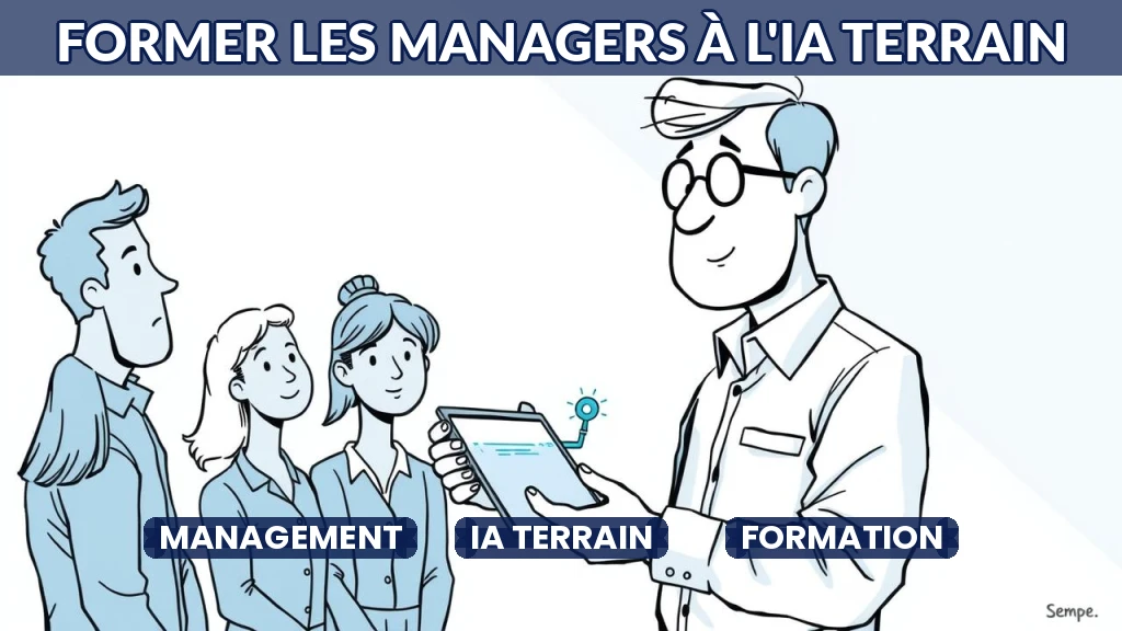 Illustration d'un manager formant son équipe à l'IA avec des outils numériques.
