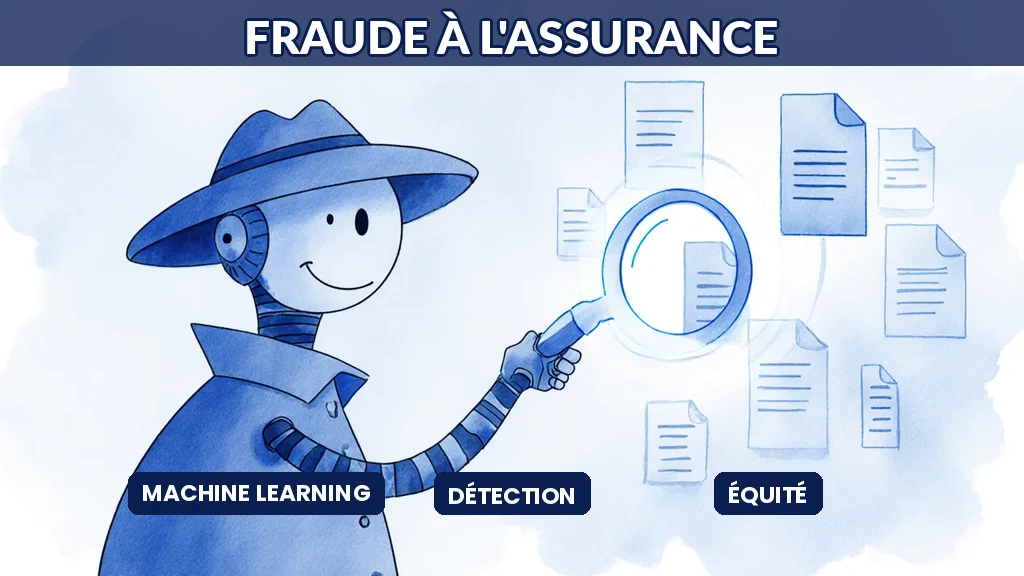 Illustration d'une intelligence artificielle analysant des déclarations d'assurance pour détecter les fraudes parmi les dossiers légitimes