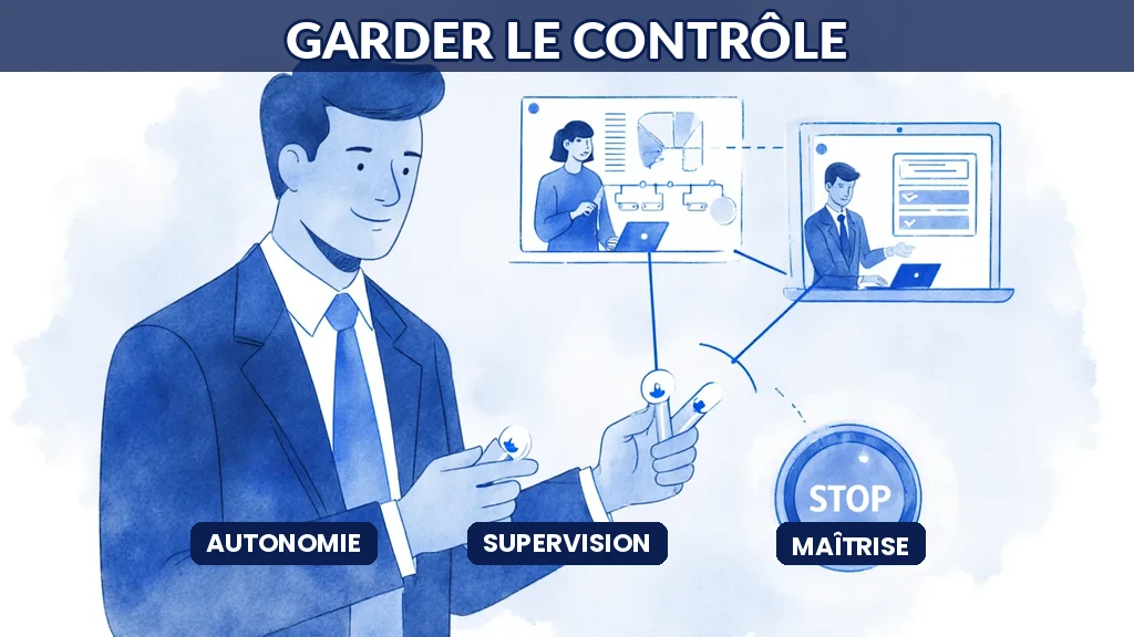 Illustration de dirigeants gardant la maîtrise de processus automatisés par des agents d'intelligence artificielle grâce à des points de contrôle