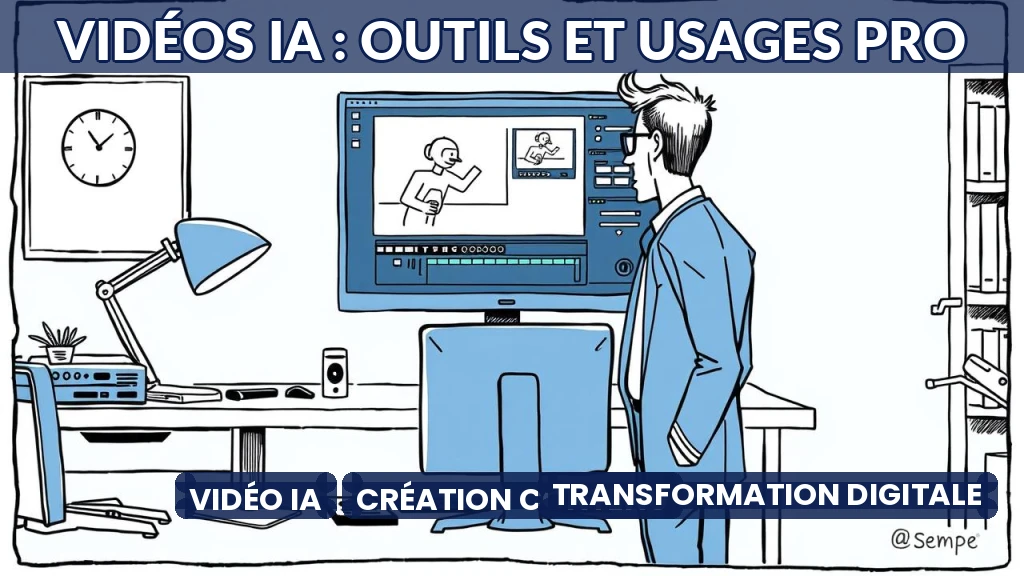 Illustration d'un écran affichant une vidéo générée par intelligence artificielle.
