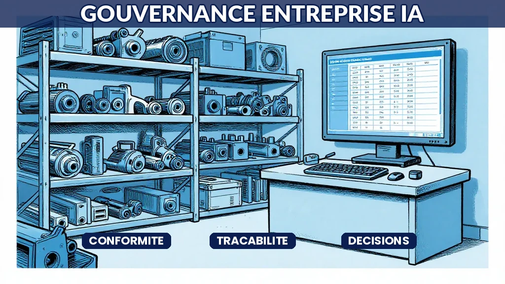 Système IA de gouvernance dentreprise affichant la traçabilité des décisions et les alertes de conformité réglementaire