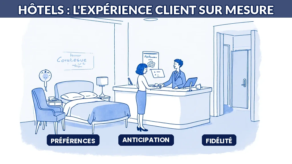 Illustration d'un hôtel offrant une expérience personnalisée à chaque client grâce à l'IA