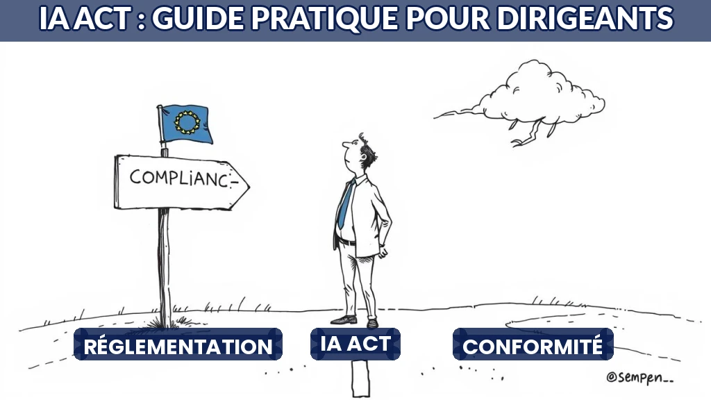 Illustration d'un dirigeant consultant un guide sur l'IA Act européen.