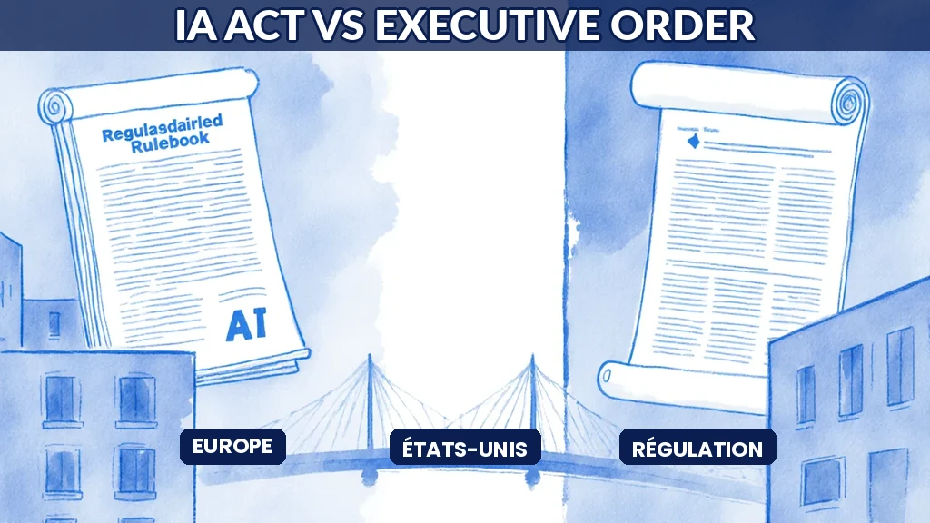 Illustration comparant l'approche réglementaire européenne et américaine de l'intelligence artificielle, deux visions face à face