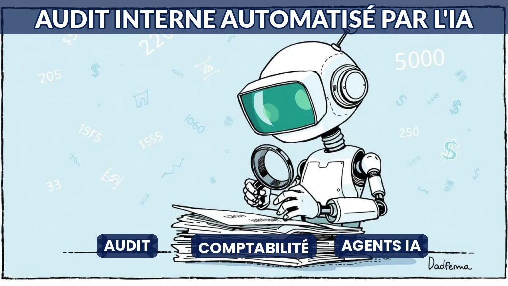 Illustration d'un robot analysant des données comptables avec une loupe.