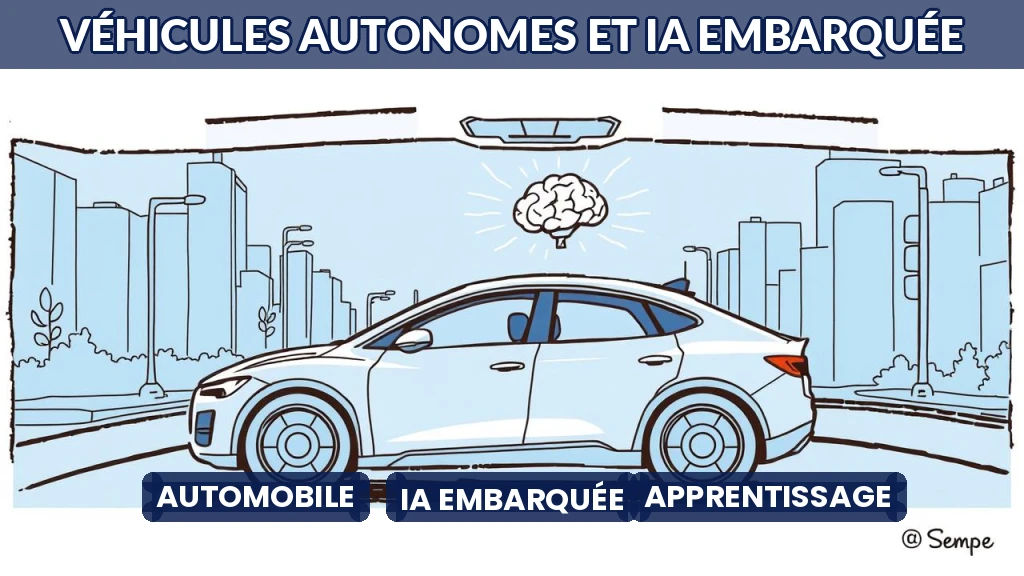 Véhicule autonome analysant son environnement avec des capteurs et l'IA.