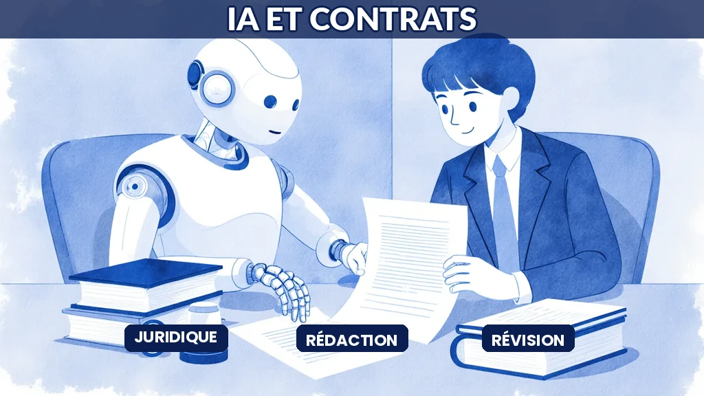 Illustration d'un juriste assisté par l'IA générative pour rédiger et réviser des contrats plus rapidement et plus sûrement