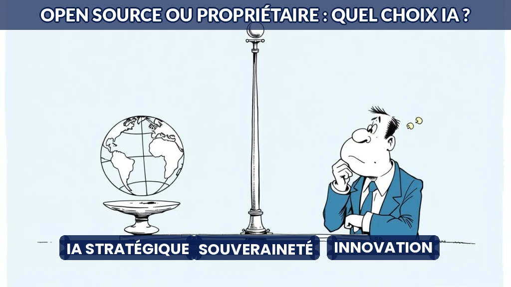 Balance équilibrée entre un cadenas et un globe ouvert, symbolisant open source et propriété.