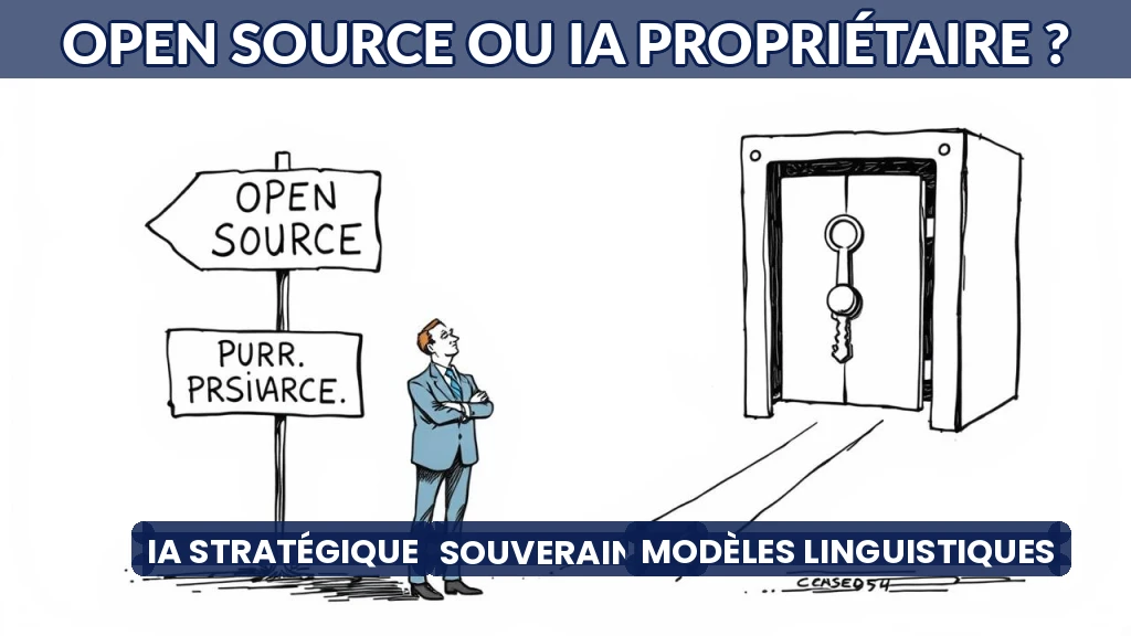 Balance équilibrant des logos open source et propriétaires sur fond technologique.