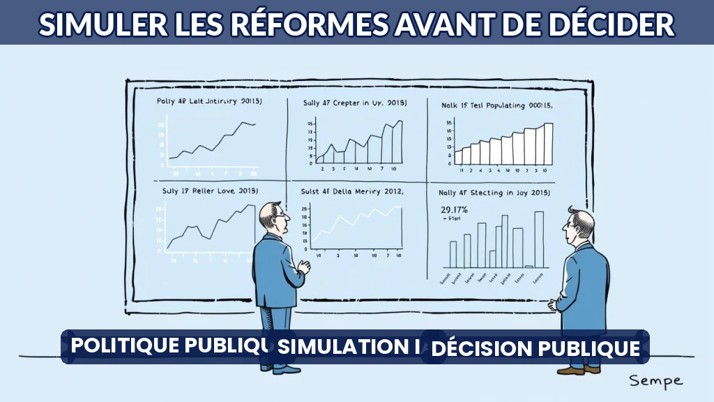 Illustration d'un tableau de bord numérique simulant des réformes politiques avec des données.