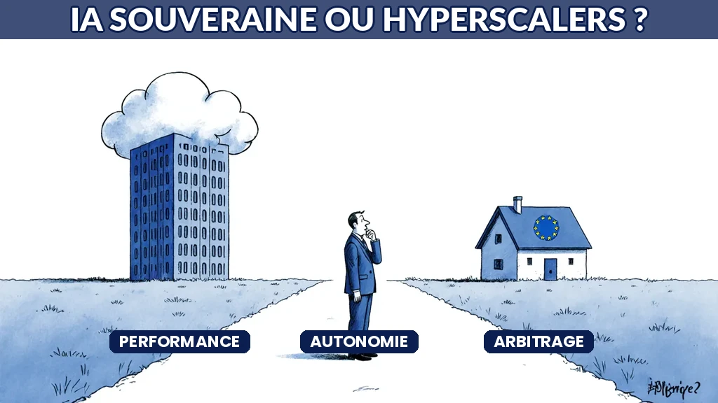 Illustration d'un dirigeant arbitrant entre IA souveraine et grands acteurs américains