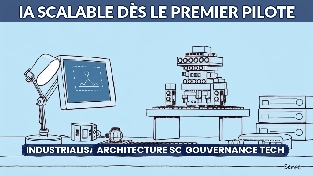 Architecture modulaire d'IA en construction, blocs empilés sur fond bleu clair.