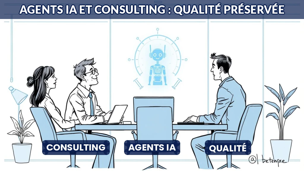 Illustration d'une équipe de consultants collaborant avec un agent IA virtuel.