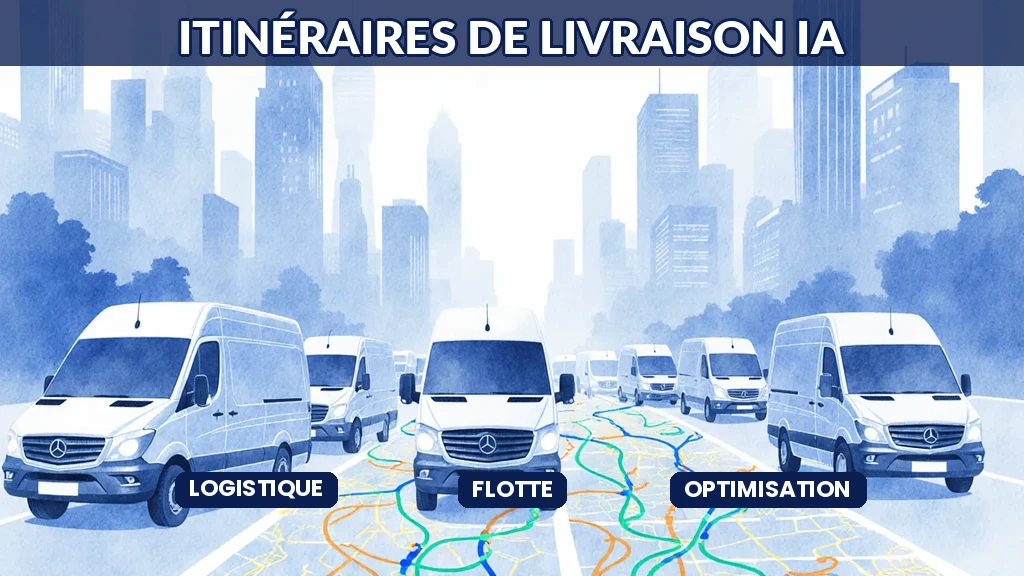 Illustration d'une flotte de véhicules de livraison dont les itinéraires sont optimisés en temps réel par une intelligence artificielle