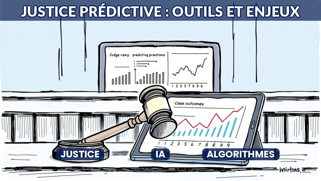 Balance de justice entourée de données numériques et d'algorithmes.