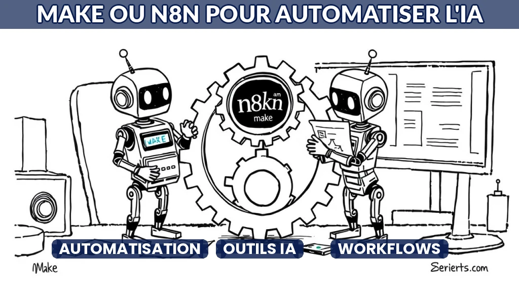 Deux robots assemblent des engrenages étiquetés Make et n8n sur un bureau d'entreprise.