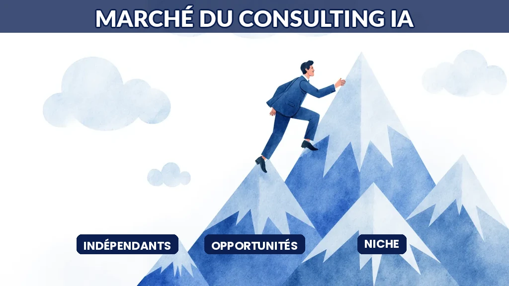 Illustration d'un consultant IA indépendant saisissant les opportunités d'un marché du conseil en pleine expansion