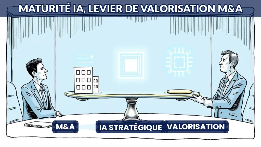 Illustration d'une balance financière avec des puces IA en équilibre.