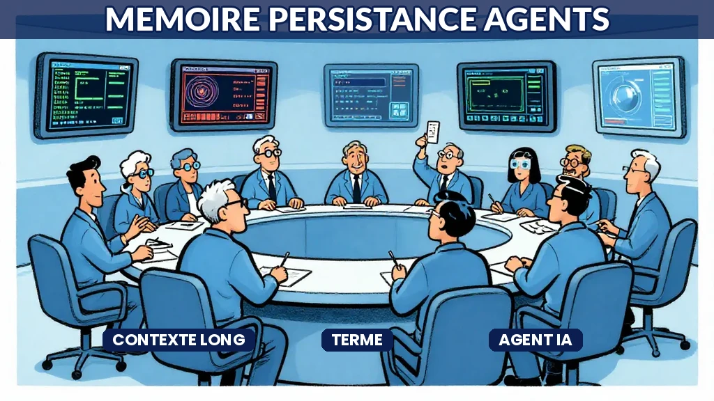 Illustration dun agent IA avec des couches de mémoire superposées représentant le contexte court terme et long terme