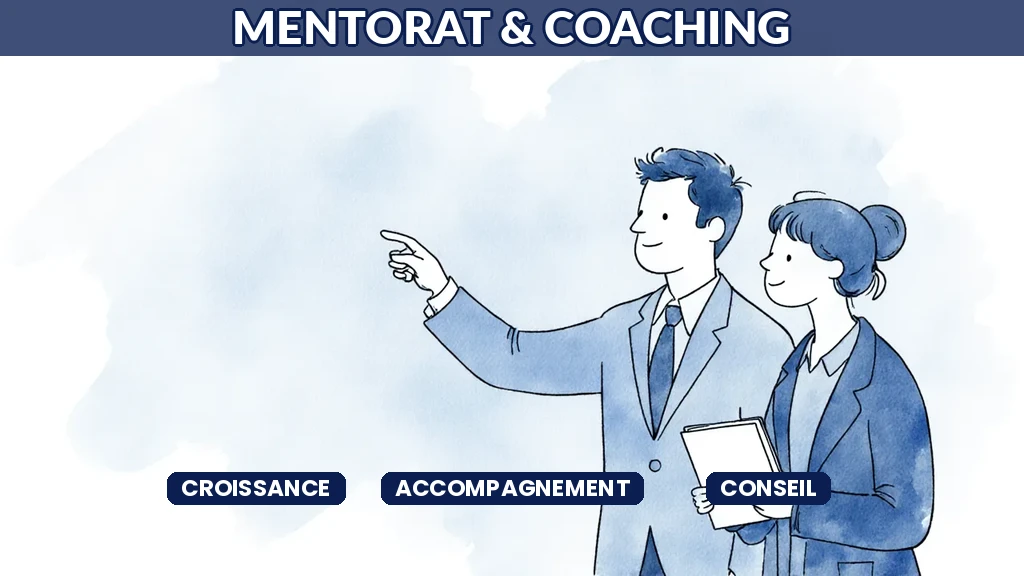 Illustration d'un consultant IA expérimenté accompagnant un consultant plus jeune dans sa progression professionnelle