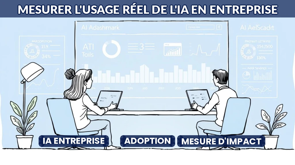 Illustration d'un tableau de bord mesurant l'usage de l'IA en entreprise, style dessin à l'encre bleue.