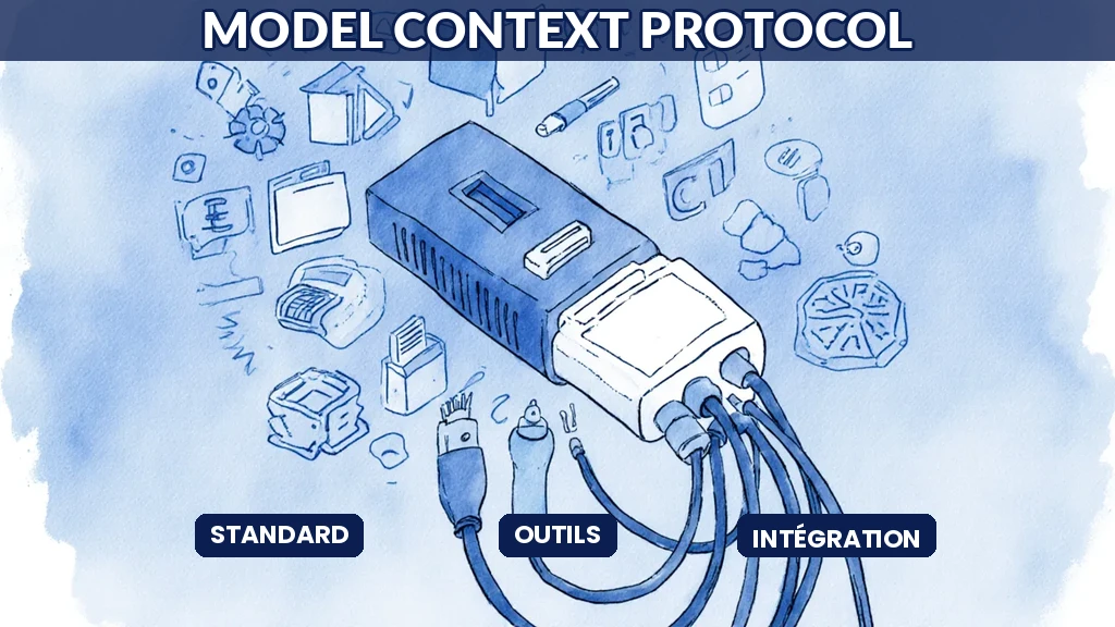 Illustration du Model Context Protocol connectant de manière standardisée des outils métier à des modèles de langage
