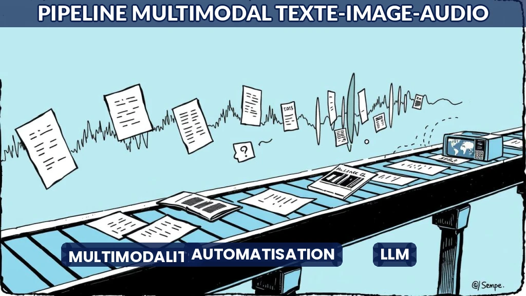 Illustration de flux de données combinant texte, image et audio.