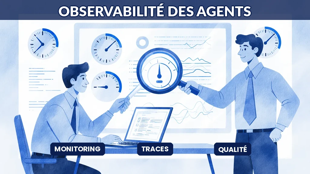 Illustration d'une équipe technique observant le comportement d'agents d'intelligence artificielle sur des tableaux de bord détaillés